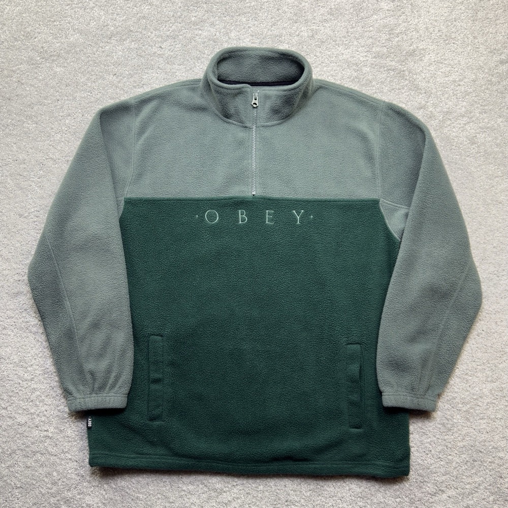 OBEY Worldwide Fleece Pullover Mens L Green Colorblock Quarter Zip Streetwear